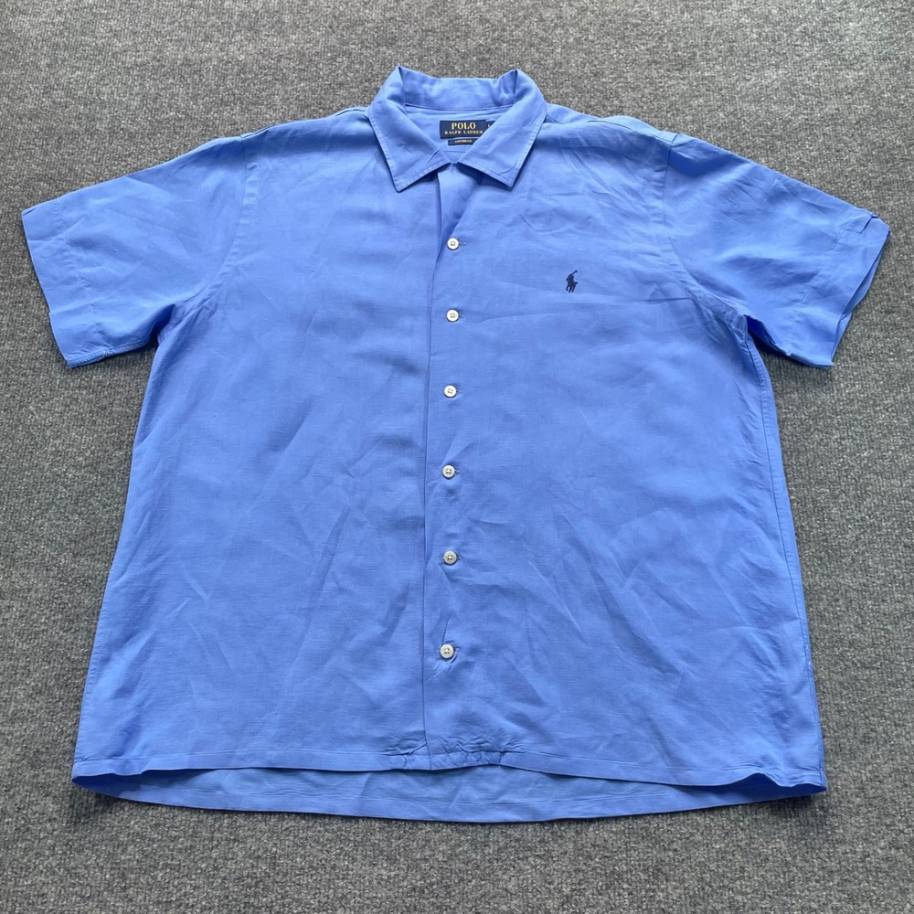 Polo Ralph Lauren Button Down Men's Large Blue Short Sleeve Linen Custom Fit
